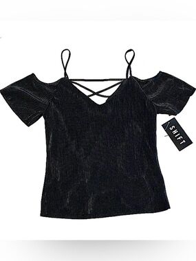SHIFT Black Shiny Textured Stripe Strappy Crisscross Cut Out Cold Shoulder Top S